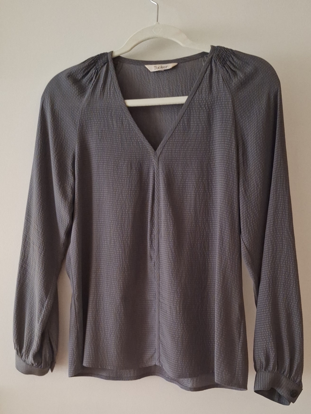 Slate Gray V-Neck Long Sleeve Silk Blouse
